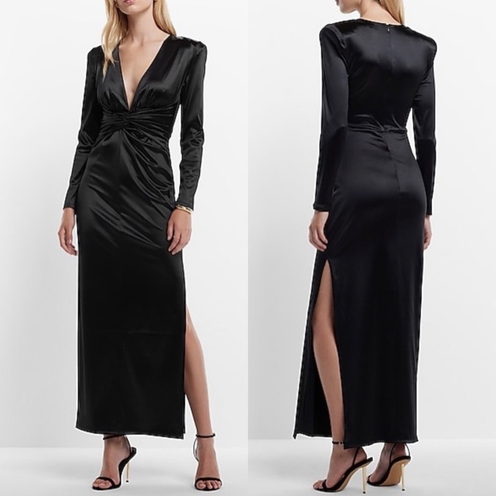 Express Black Satin Plunge‎ V-Neck Padded Shoulder Twist Front Maxi Dress Large